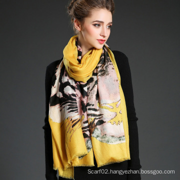 Women Long Wool Tiger Pattern Digital Printing Yellow Muffler Scarf